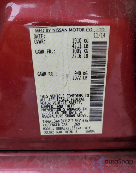 2015 Nissan Altima 2.5 from USA, damaged, VIN 1N4AL3AP5FC219736